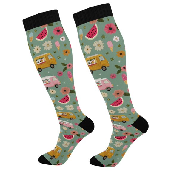 FORMRS Womens Knee High Socks Casual Long Thick Travel Daily Wear, 2 Pairs, Green Cartoon Trucks Pattern