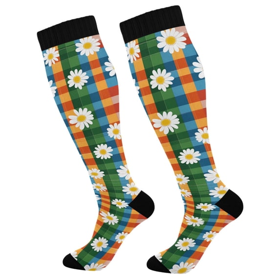 FORMRS Womens Knee High Socks Casual Long Thick Travel Daily Wear, 2 Pairs, Green Checkered Daisy