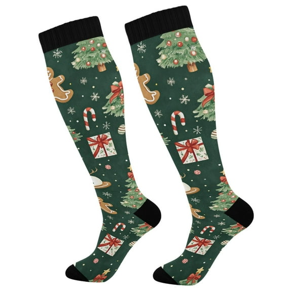 FORMRS Womens Knee High Socks Casual Long Thick Travel Daily Wear, 2 Pairs, Green Christmas Trees