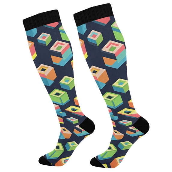 FORMRS Womens Knee High Socks Casual Long Thick Travel Daily Wear, 2 Pairs, Green Cubes