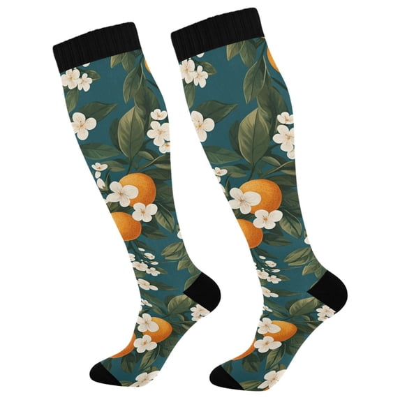 FORMRS Womens Knee High Socks Casual Long Thick Travel Daily Wear, 2 Pairs, Green Floral Orange