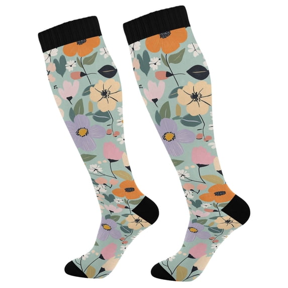 FORMRS Womens Knee High Socks Casual Long Thick Travel Daily Wear, 2 Pairs, Green Floral Pattern