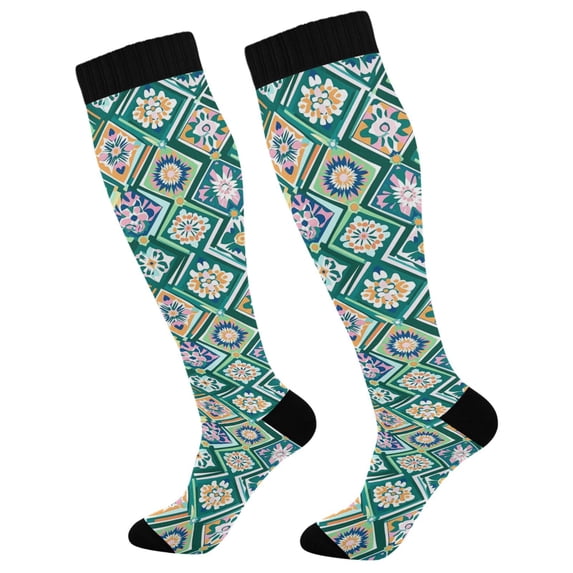 FORMRS Womens Knee High Socks Casual Long Thick Travel Daily Wear, 2 Pairs, Green Geometric Flowers