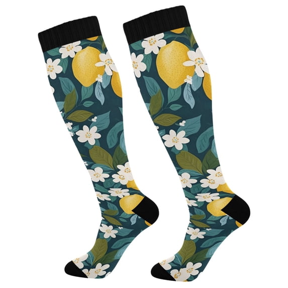 FORMRS Womens Knee High Socks Casual Long Thick Travel Daily Wear, 2 Pairs, Green Lemon Leaves