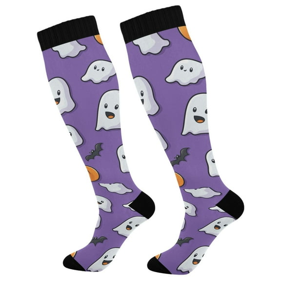 FORMRS Womens Knee High Socks Casual Long Thick Travel Daily Wear, 2 Pairs, Halloween Ghosts Purple