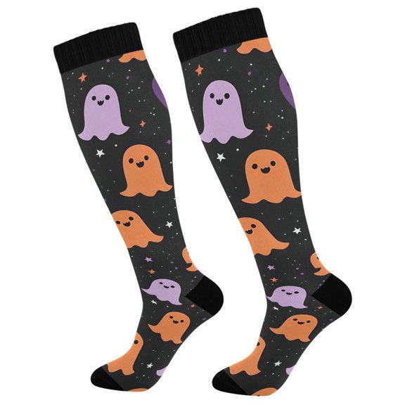 FORMRS Womens Knee High Socks Casual Long Thick Travel Daily Wear, 2 Pairs, Halloween Orange Ghosts