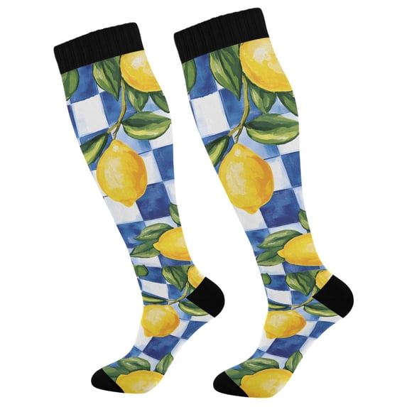 FORMRS Womens Knee High Socks Casual Long Thick Travel Daily Wear, 2 Pairs, Lemon Checkered