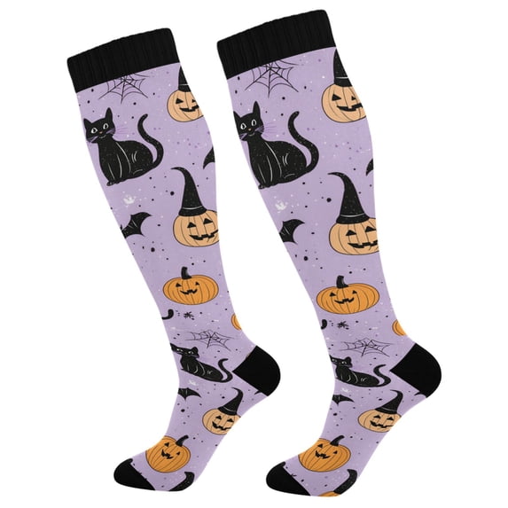 FORMRS Womens Knee High Socks Casual Long Thick Travel Daily Wear, 2 Pairs, Light Purple Halloween Black Cat