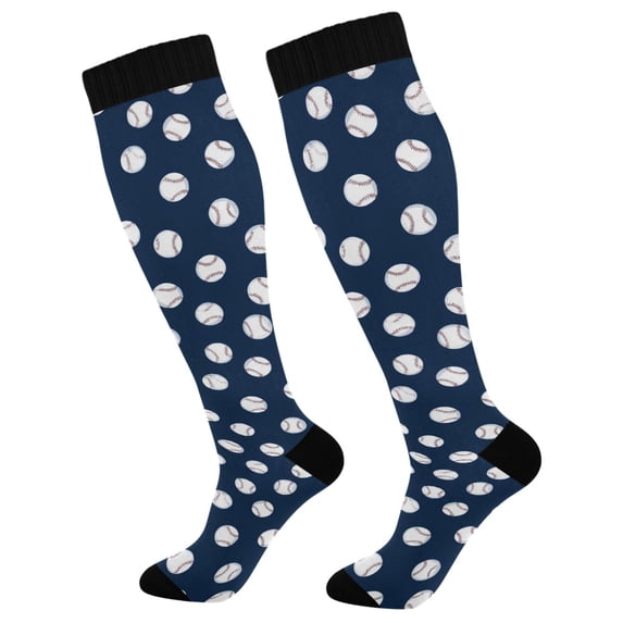 FORMRS Womens Knee High Socks Casual Long Thick Travel Daily Wear, 2 Pairs, Navy Blue Baseball Pattern