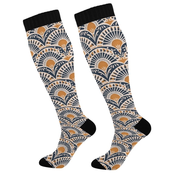 FORMRS Womens Knee High Socks Casual Long Thick Travel Daily Wear, 2 Pairs, Orange Art Pattern