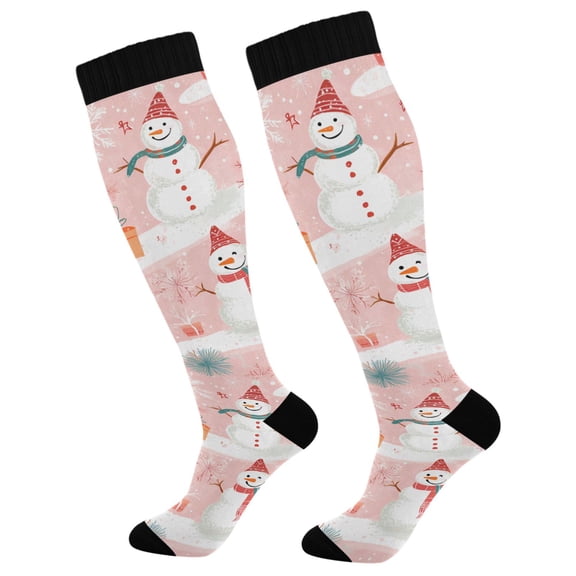 FORMRS Womens Knee High Socks Casual Long Thick Travel Daily Wear, 2 Pairs, Pink Christmas Snowman