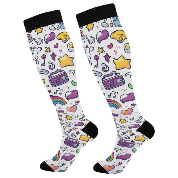 FORMRS Womens Knee High Socks Casual Long Thick Travel Daily Wear, 2 Pairs, Purple Doodle Pattern