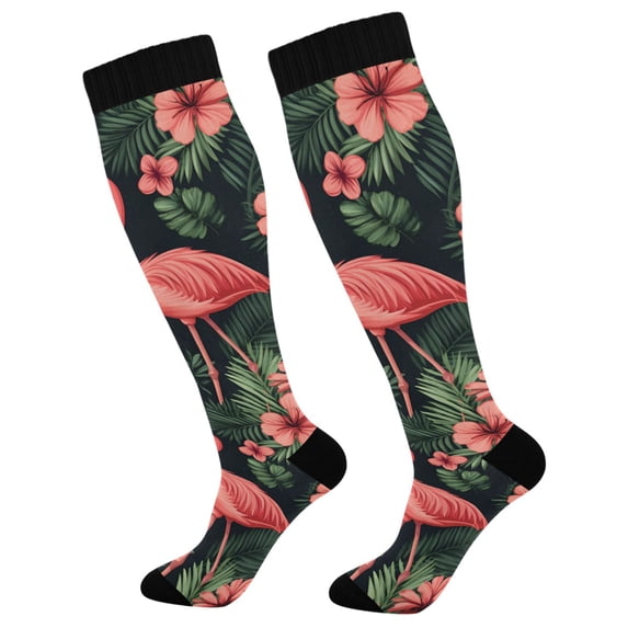 FORMRS Womens Knee High Socks Casual Long Thick Travel Daily Wear, 2 Pairs, Red Flamingo Pattern