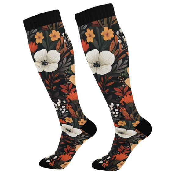 FORMRS Womens Knee High Socks Casual Long Thick Travel Daily Wear, 2 Pairs, Red Flowers Pattern