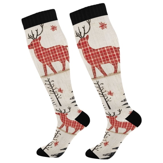 FORMRS Womens Knee High Socks Casual Long Thick Travel Daily Wear, 2 Pairs, Retro Christmas Forest