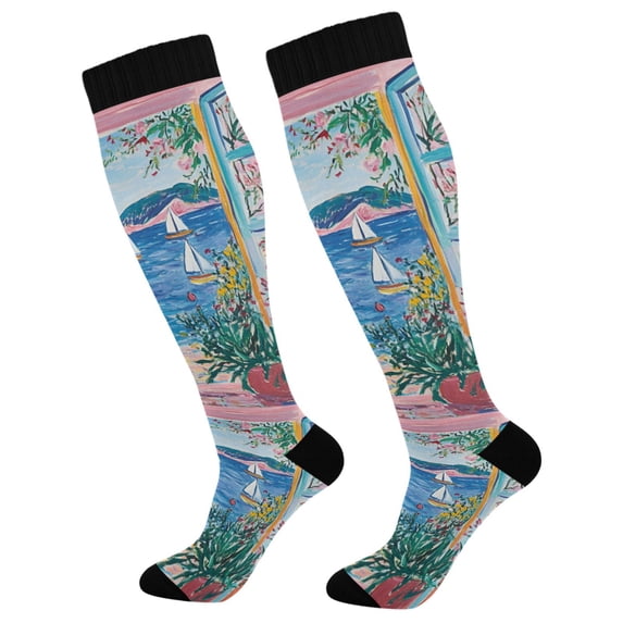 FORMRS Womens Knee High Socks Casual Long Thick Travel Daily Wear, 2 Pairs, Seaside Door