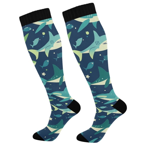 FORMRS Womens Knee High Socks Casual Long Thick Travel Daily Wear, 2 Pairs, Sharks Pattern