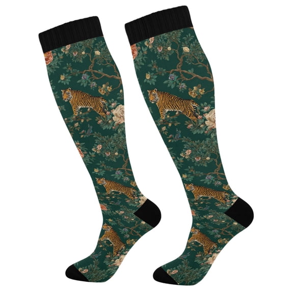 FORMRS Womens Knee High Socks Casual Long Thick Travel Daily Wear, 2 Pairs, Tiger and Peacock Pattern