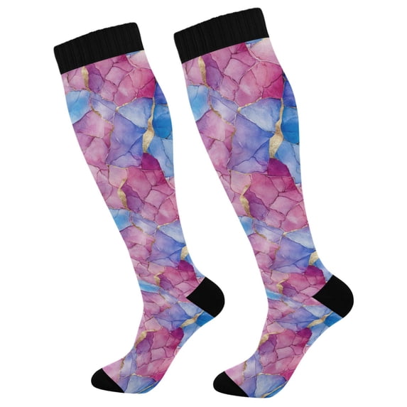 FORMRS Womens Knee High Socks Casual Long Thick Travel Daily Wear, 2 Pairs, Watercolor Blue Marble Pattern