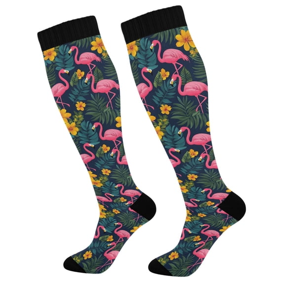 FORMRS Womens Knee High Socks Casual Long Thick Travel Daily Wear, 2 Pairs, Yellow Floral Flamingo