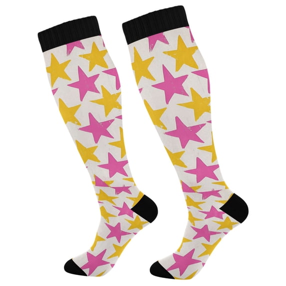 FORMRS Womens Knee High Socks Casual Long Thick Travel Daily Wear, 2 Pairs, Yellow Pink Stars
