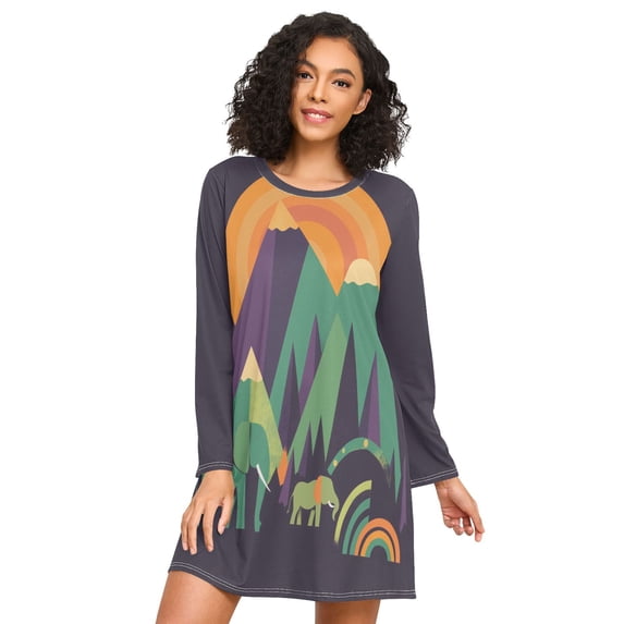 FORMRS Womens Long Sleeve Nightgowns Crew Neck Sleep Shirt Soft Pajamas Sizes S-3XL, Abstract Animals