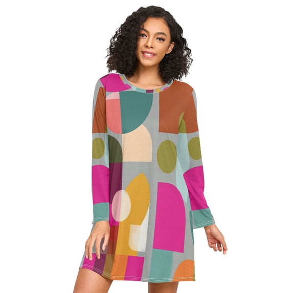 FORMRS Womens Long Sleeve Nightgowns Crew Neck Sleep Shirt Soft Pajamas Sizes S-3XL, Abstract Geometric Pattern