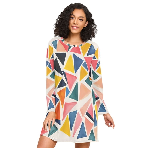 FORMRS Womens Long Sleeve Nightgowns Crew Neck Sleep Shirt Soft Pajamas Sizes S-3XL, Abstract Triangles