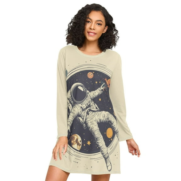 FORMRS Womens Long Sleeve Nightgowns Crew Neck Sleep Shirt Soft Pajamas Sizes S-3XL, Astronaut Floating