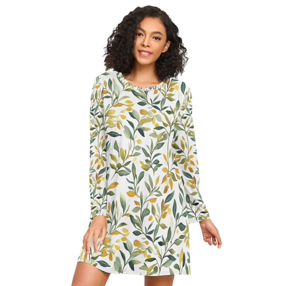 FORMRS Womens Long Sleeve Nightgowns Crew Neck Sleep Shirt Soft Pajamas Sizes S-3XL, Autumn Greenery
