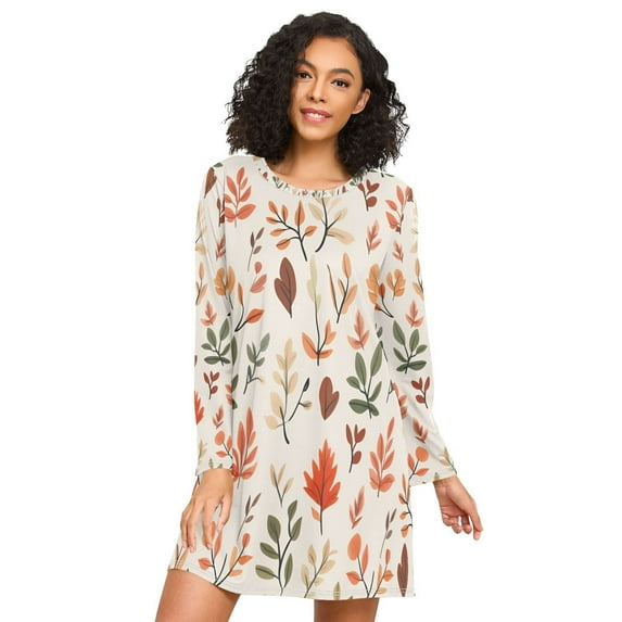 FORMRS Womens Long Sleeve Nightgowns Crew Neck Sleep Shirt Soft Pajamas Sizes S-3XL, Autumn Leaves
