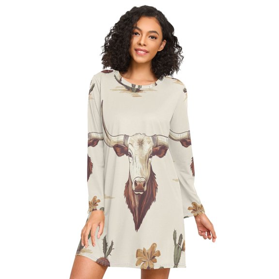 FORMRS Womens Long Sleeve Nightgowns Crew Neck Sleep Shirt Soft Pajamas Sizes S-3XL, Beige Cowboy Pattern