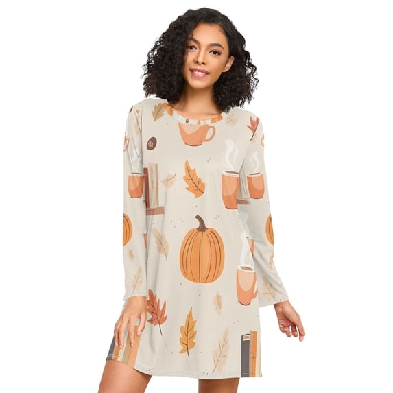 FORMRS Womens Long Sleeve Nightgowns Crew Neck Sleep Shirt Soft Pajamas Sizes S-3XL, Beige Fall Acorns Pattern