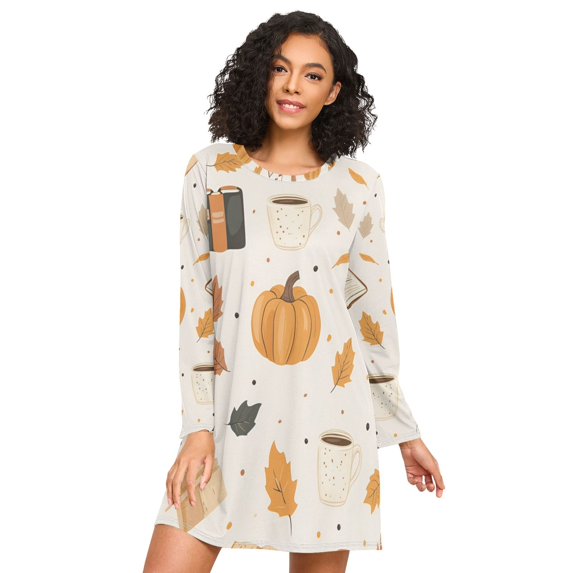 FORMRS Womens Long Sleeve Nightgowns Crew Neck Sleep Shirt Soft Pajamas Sizes S-3XL, Beige Fall Pumpkin