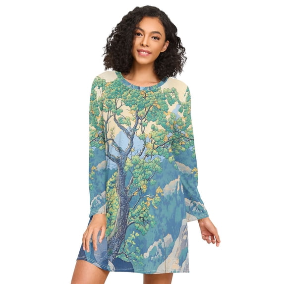 FORMRS Womens Long Sleeve Nightgowns Crew Neck Sleep Shirt Soft Pajamas Sizes S-3XL, Beige Tree