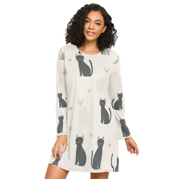 FORMRS Womens Long Sleeve Nightgowns Crew Neck Sleep Shirt Soft Pajamas Sizes S-3XL, Black Cute Cats