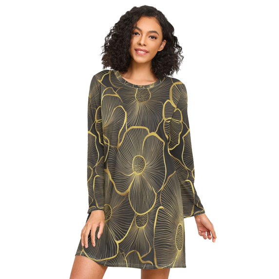 FORMRS Womens Long Sleeve Nightgowns Crew Neck Sleep Shirt Soft Pajamas Sizes S-3XL, Black Flower Pattern