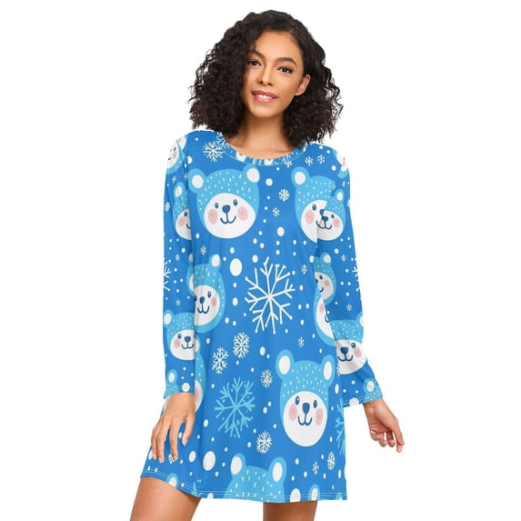FORMRS Womens Long Sleeve Nightgowns Crew Neck Sleep Shirt Soft Pajamas Sizes S-3XL, Blue Bears