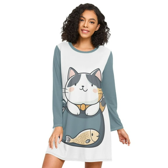 FORMRS Womens Long Sleeve Nightgowns Crew Neck Sleep Shirt Soft Pajamas Sizes S-3XL, Blue Cute Cat