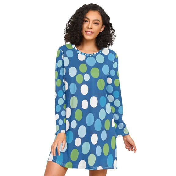 FORMRS Womens Long Sleeve Nightgowns Crew Neck Sleep Shirt Soft Pajamas Sizes S-3XL, Blue Dots