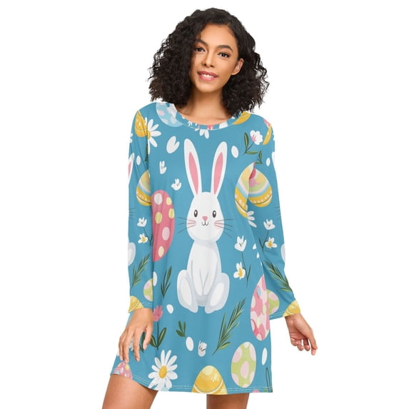 FORMRS Womens Long Sleeve Nightgowns Crew Neck Sleep Shirt Soft Pajamas Sizes S-3XL, Blue Easter Bunny