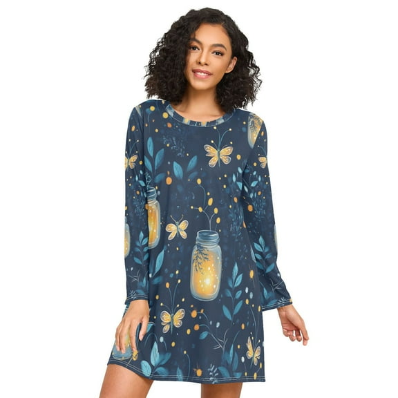 FORMRS Womens Long Sleeve Nightgowns Crew Neck Sleep Shirt Soft Pajamas Sizes S-3XL, Blue Fireflies Pattern
