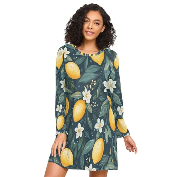 FORMRS Womens Long Sleeve Nightgowns Crew Neck Sleep Shirt Soft Pajamas Sizes S-3XL, Blue Floral Lemons