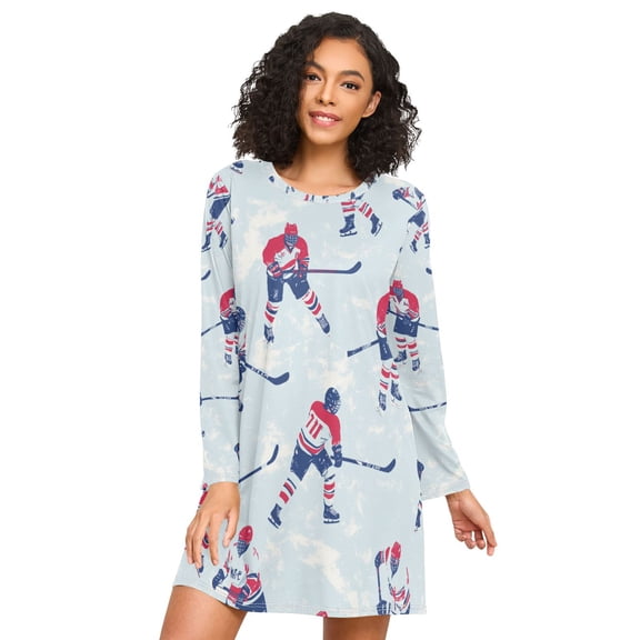 FORMRS Womens Long Sleeve Nightgowns Crew Neck Sleep Shirt Soft Pajamas Sizes S-3XL, Blue Ice Hockey