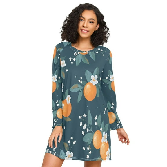 FORMRS Womens Long Sleeve Nightgowns Crew Neck Sleep Shirt Soft Pajamas Sizes S-3XL, Blue Oranges