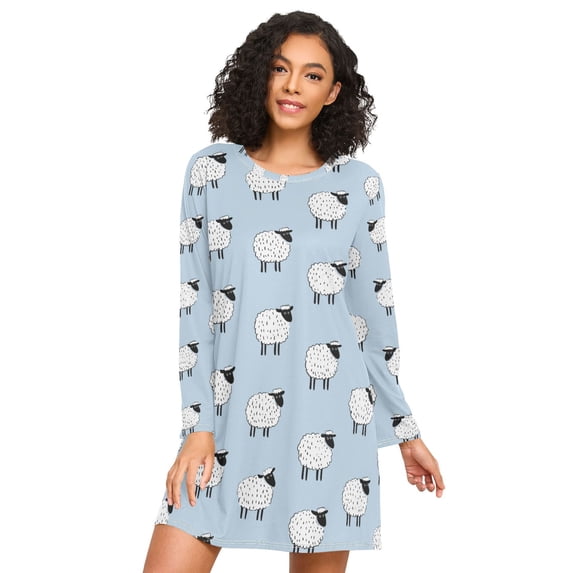 FORMRS Womens Long Sleeve Nightgowns Crew Neck Sleep Shirt Soft Pajamas Sizes S-3XL, Blue Sheep Pattern