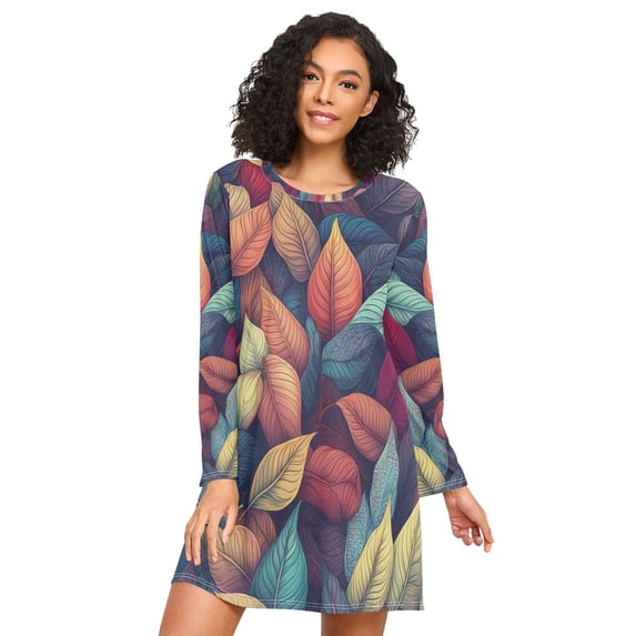 FORMRS Womens Long Sleeve Nightgowns Crew Neck Sleep Shirt Soft Pajamas Sizes S-3XL, Blue Vibrant Leaves Pattern
