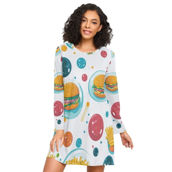 FORMRS Womens Long Sleeve Nightgowns Crew Neck Sleep Shirt Soft Pajamas Sizes S-3XL, Bubbles Hamburger