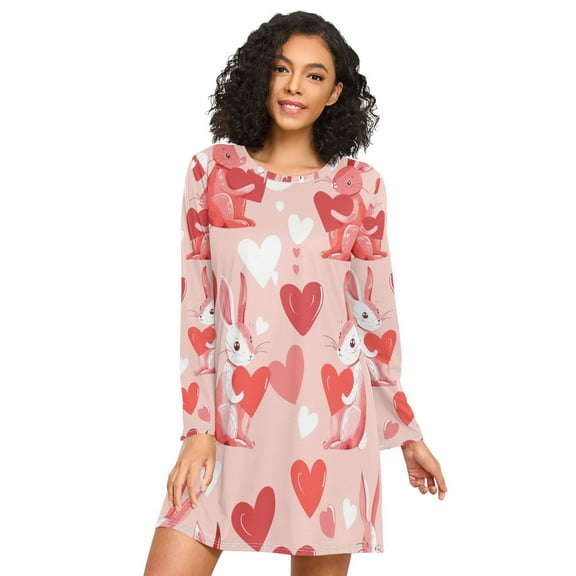 FORMRS Womens Long Sleeve Nightgowns Crew Neck Sleep Shirt Soft Pajamas Sizes S-3XL, Bunnies and Hearts