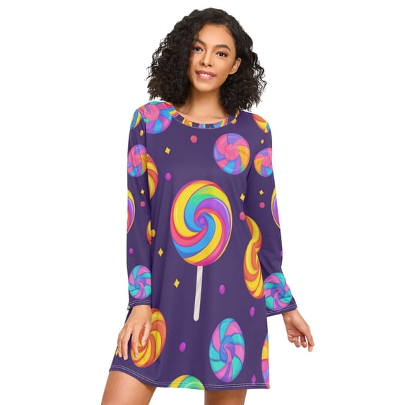 FORMRS Womens Long Sleeve Nightgowns Crew Neck Sleep Shirt Soft Pajamas Sizes S-3XL, Candy Carnival